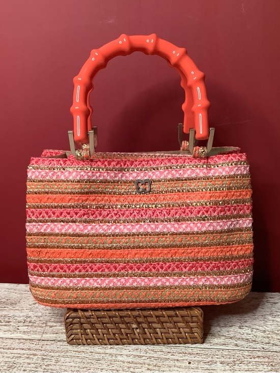 Eric Javits Handbags - Eric Javits LEILA Coral Pink Striped Woven Satchel Crossbody Bamboo Handle Bag